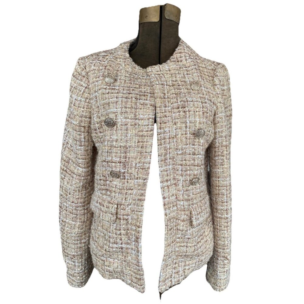 Elie Tahari Blazer Jacket Tweed Cream Beige Metallic 8 Tan Double Breasted